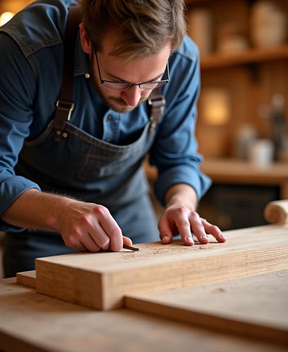 A skilled craftsman from Tide & Timber meticulously working on custom millwork.